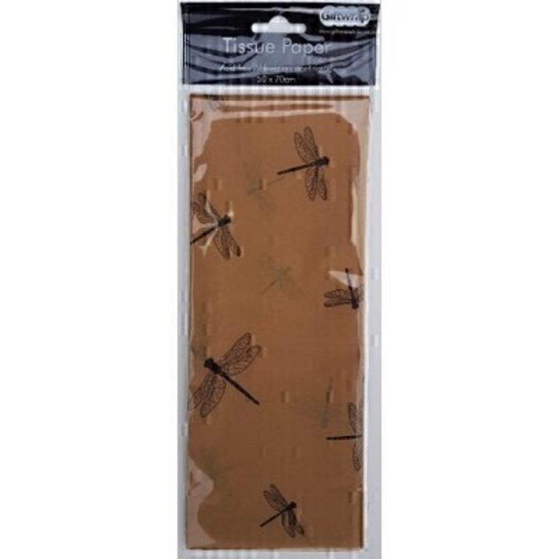 Brown Dragonfly Tissue Paper By Stewo Brown dragonfly design tissue paper by Swiss designer Stewo.  3 sheets of coloured quality tissue wrapping paper. Acid free and bleed resistant tissue. Approx size: 50cm x 70cm